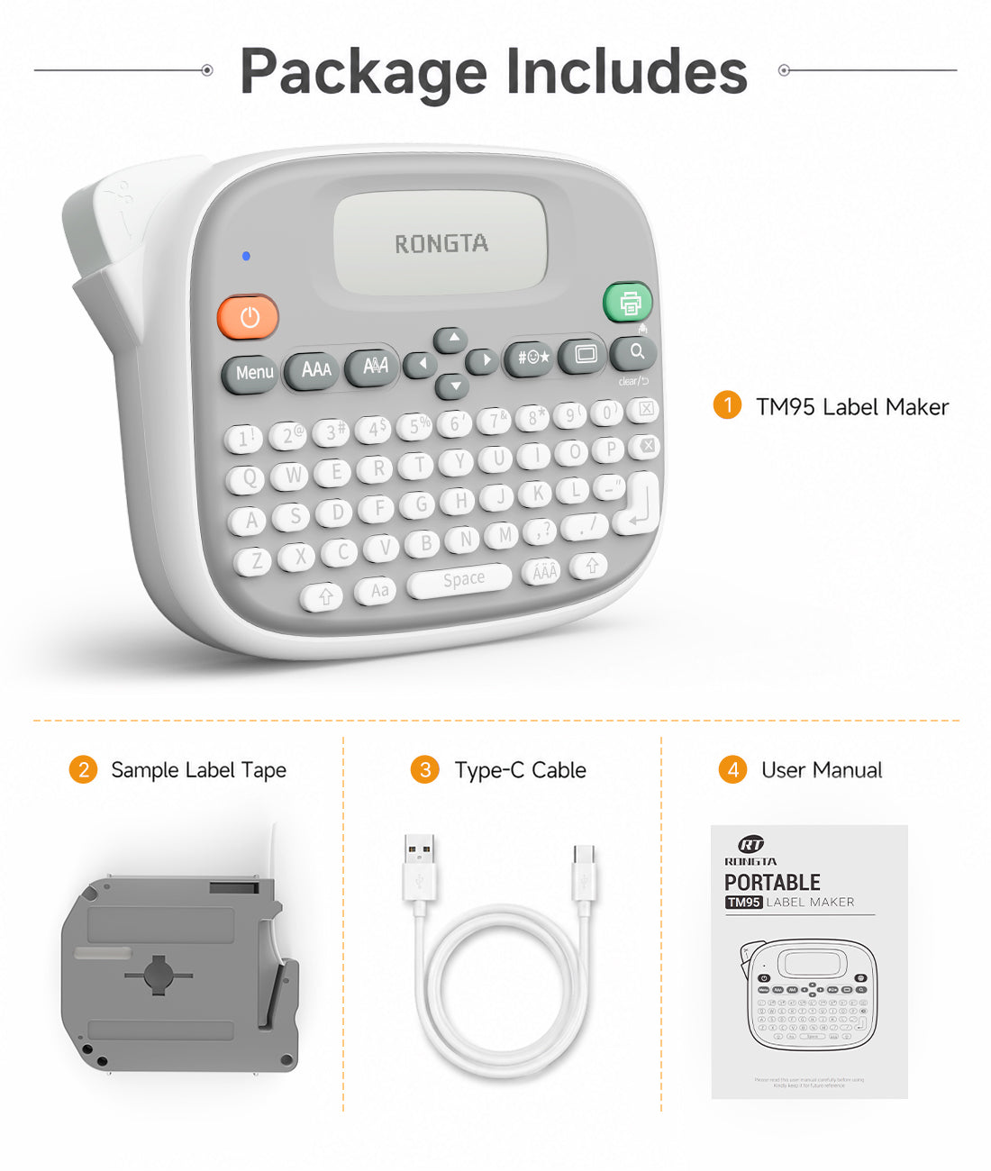 Rongta Label Maker Machine with Tape, Label Maker Waterproof with QWERTY Keyboard, TM95 12mm Portable Labeler for Home Organization, Office or School Supplier (Label Maker with 1 Tape, White)