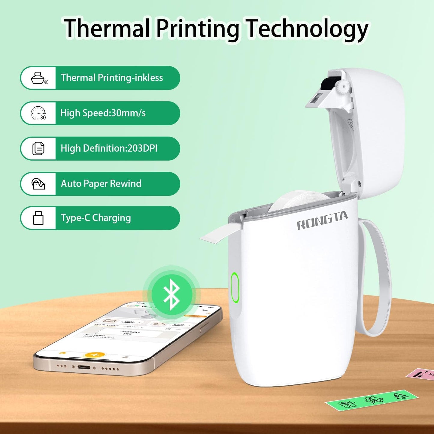 Rongta R5 Mini Label Maker Machine with Tape, Bluetooth & Wireless Label Connection (White))