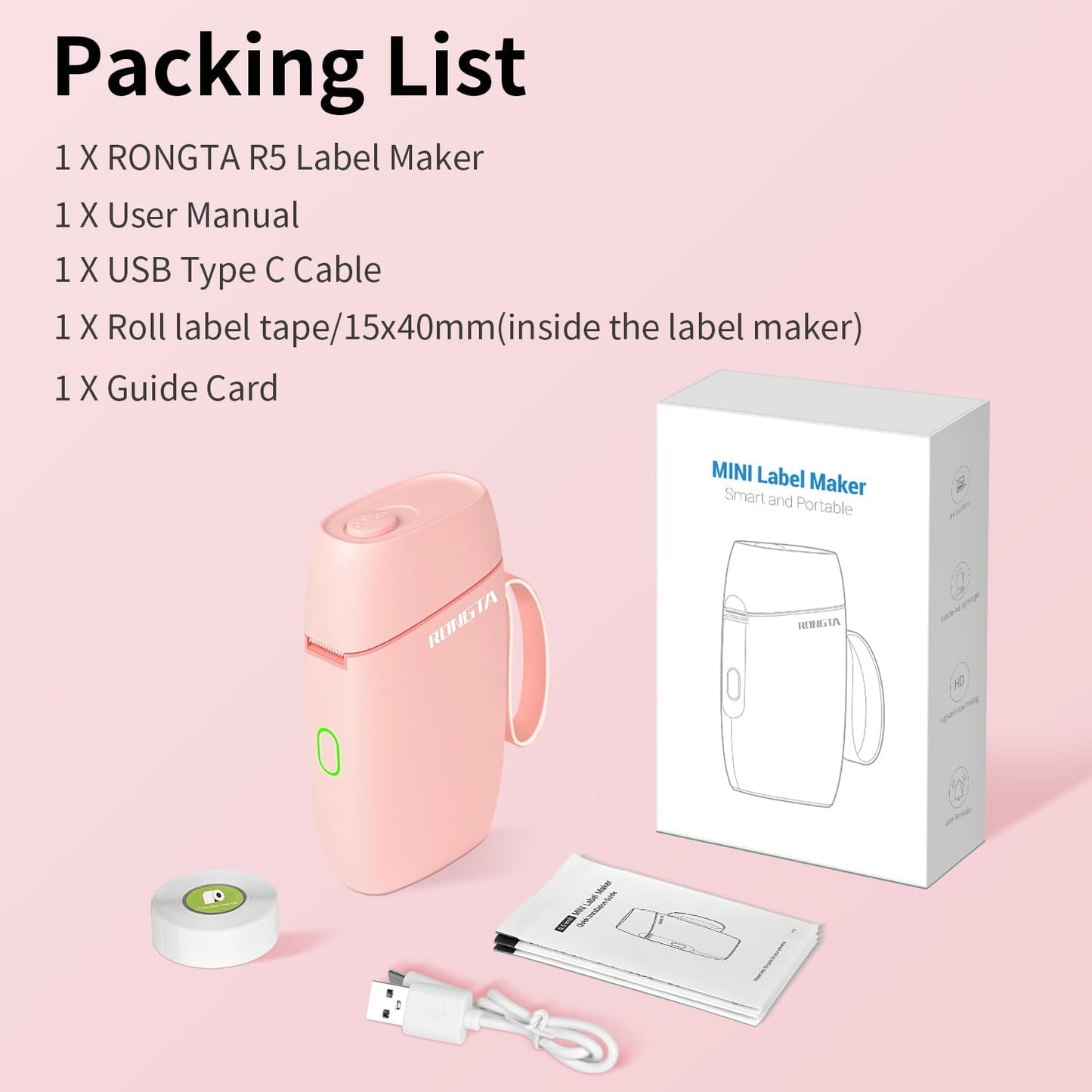 Rongta R5 Mini Label Maker Machine with Tape (Pink)