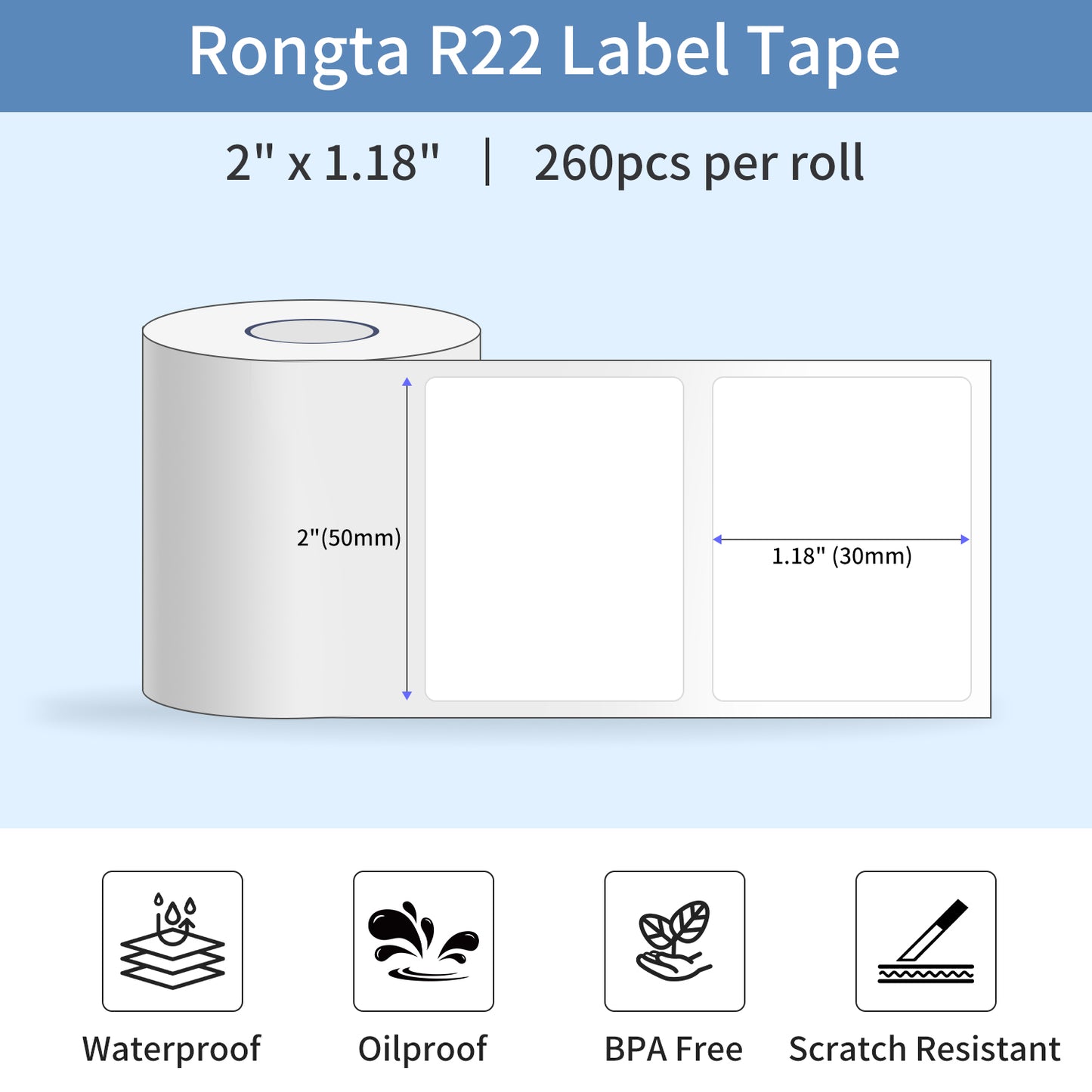 Rongta Label Tape for R22, Labels/Roll, Standard Laminated Thermal Label Tape, Waterproof, Oil-Proof Sticker for Home Office Small Business Labeling,White (2''×1.18'' (260 Labels/Roll))