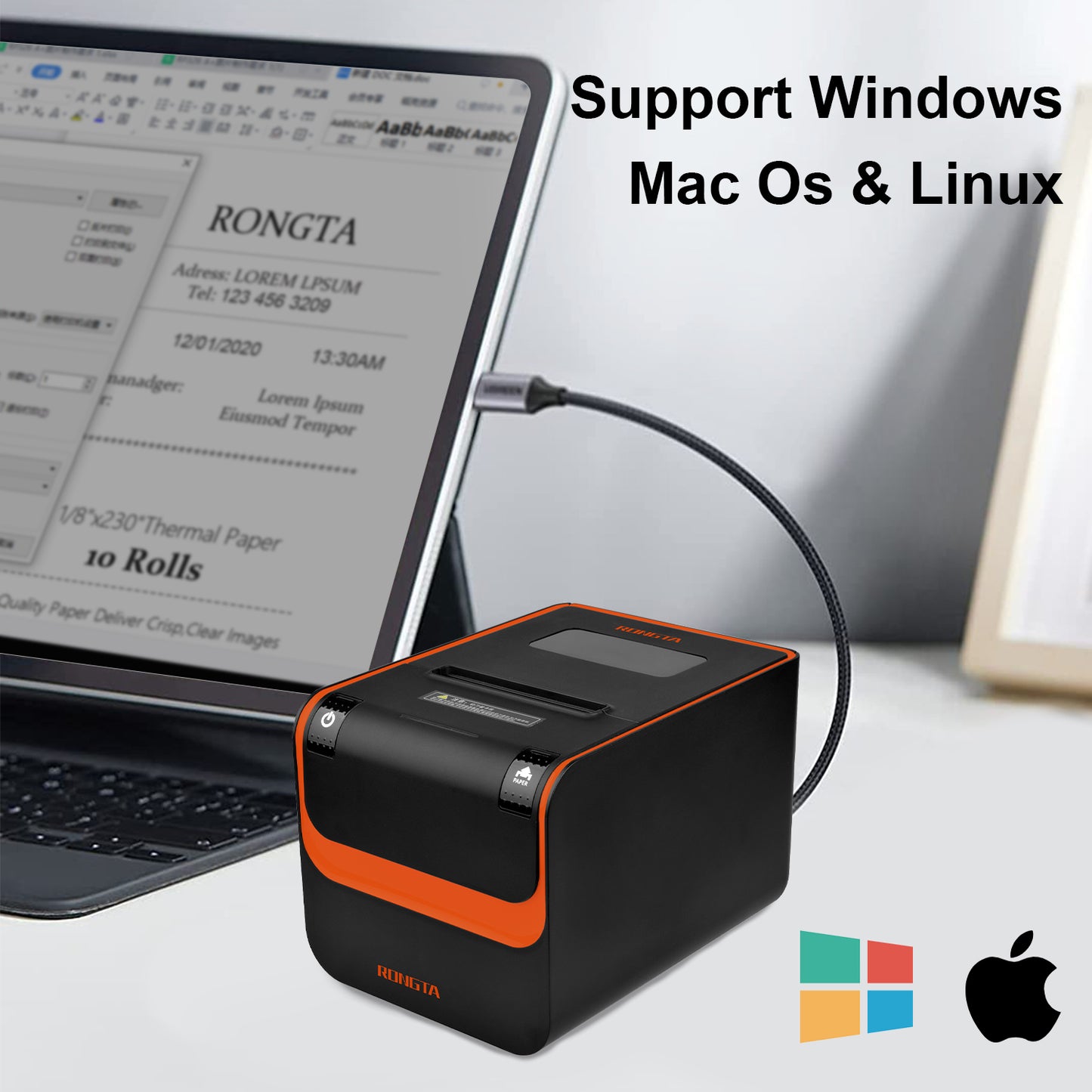 Rongta POS Printer, 80mm Direct Thermal Receipt Printers with Auto Cutter, USB Serial Ethernet Interface, Support Windows/Mac/Linux Cash Drawer, Restaurant Kitchen Printer for ESC/POS (RP332)
