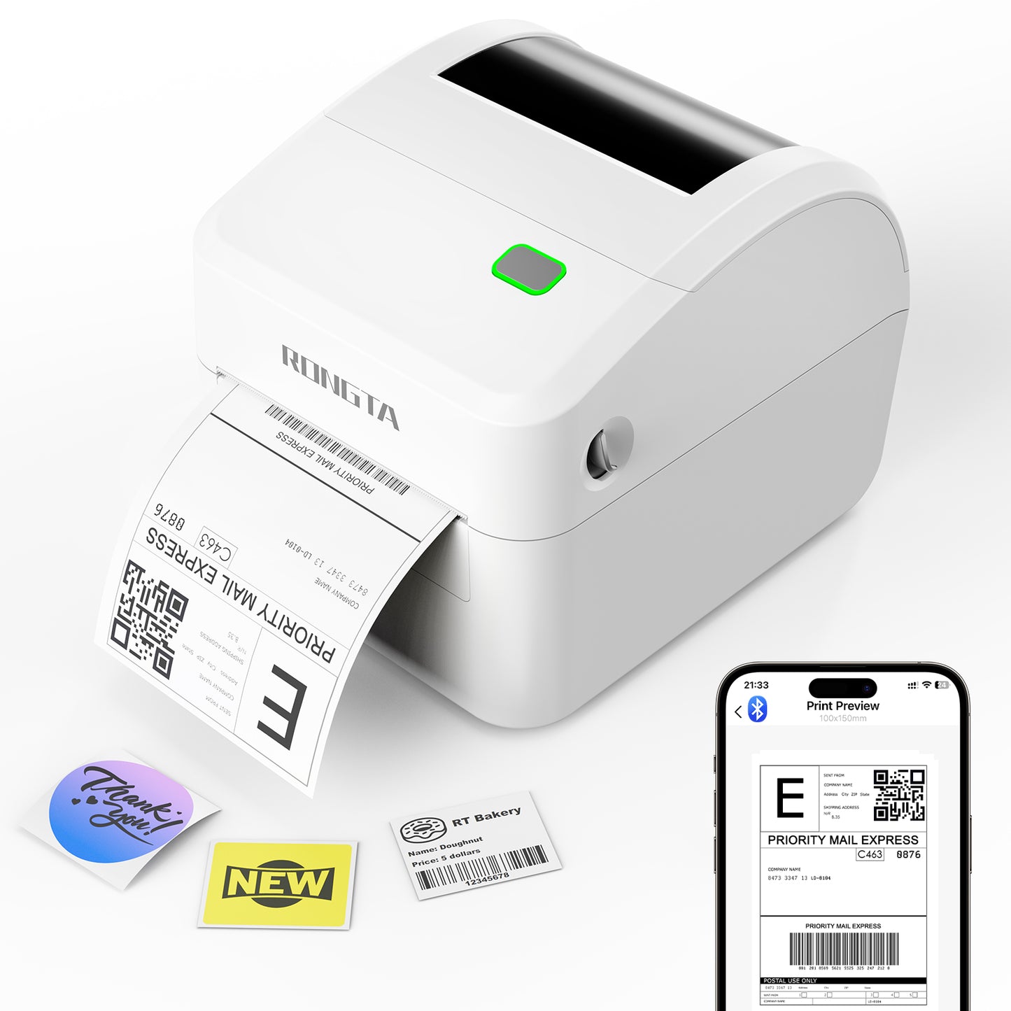 Rongta Bluetooth Thermal Shipping Label Printer, Wireless 4x6 Label Sticker Printer for Shipping Packages, Support Android, iPhone, Widely Used for Amazon,Shopify, Etsy, UPS, White