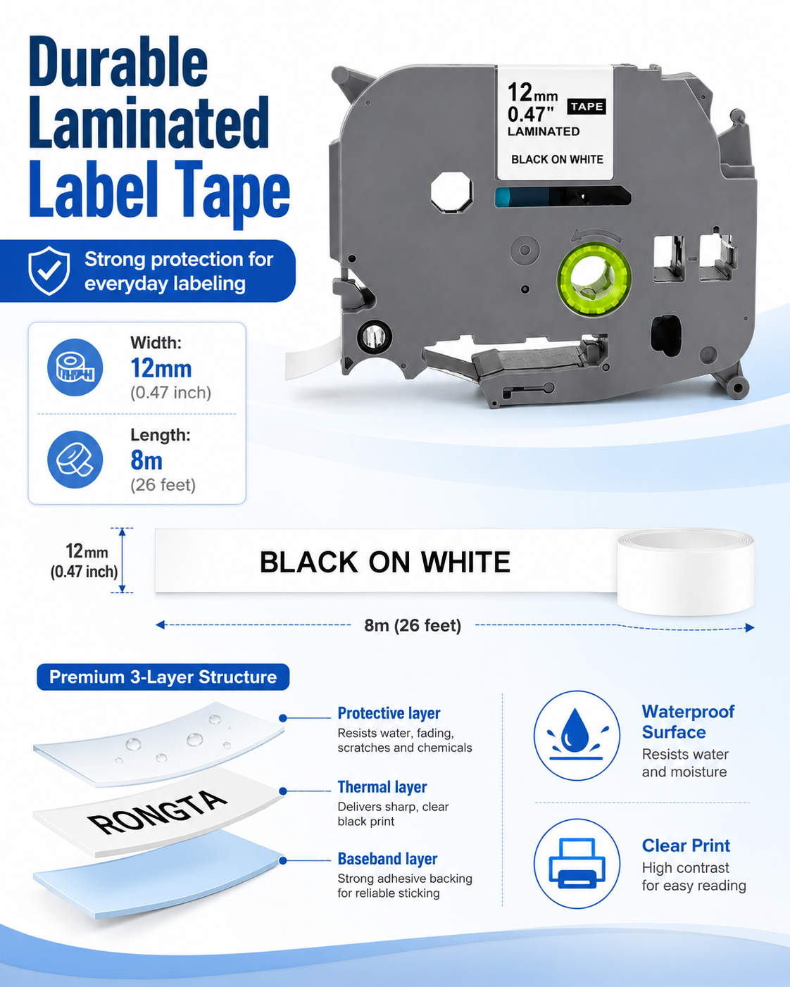 Label Maker Tape 12mm 0.47 Laminated White, Replacement for Rongta TD210 TH110, Laminated White Labels Compatible with P Touch PT-D210 D220 H110 D200 D400, 12mm x 8m, 6-Pack