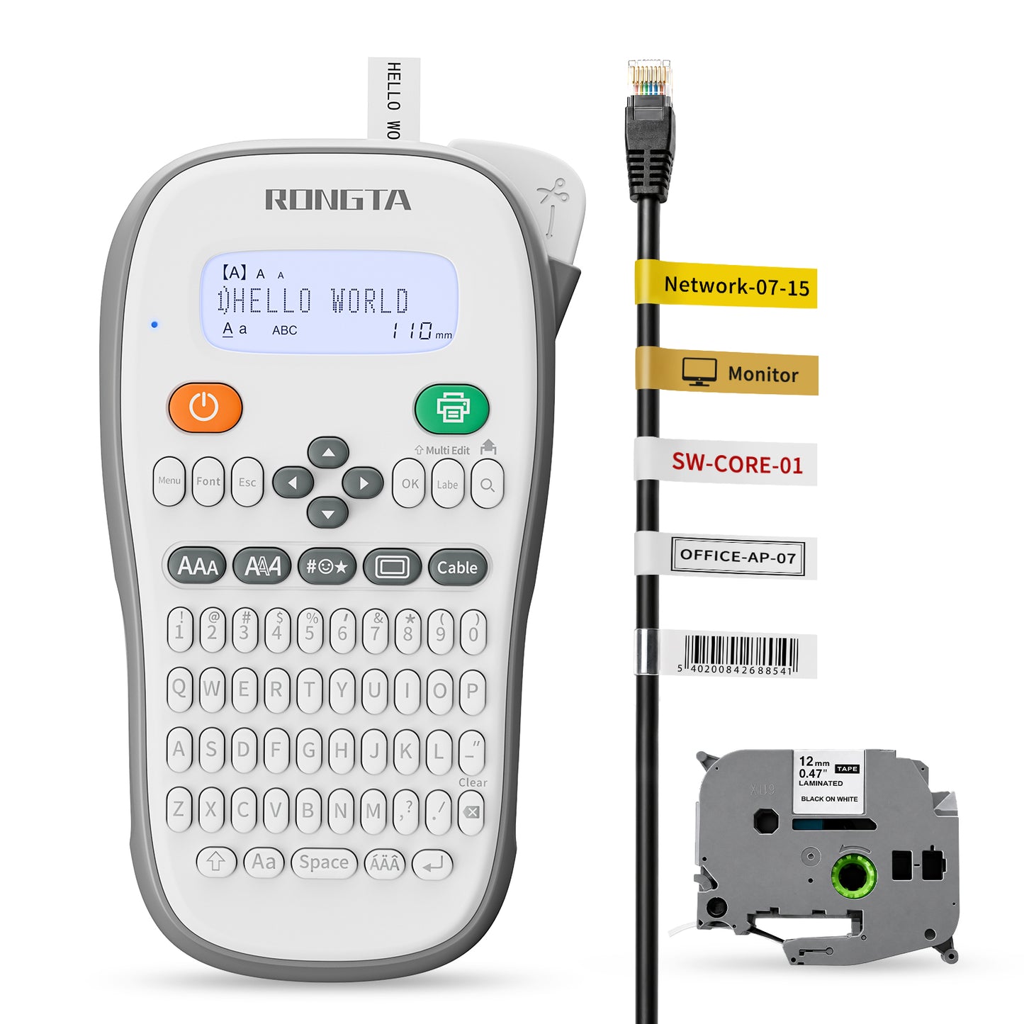 Rongta TH110 Bluetooth Handheld Label Maker Machine with 1 Tape, QWERTY Keyboard Portable Label Printer, for Home, Office, Organization