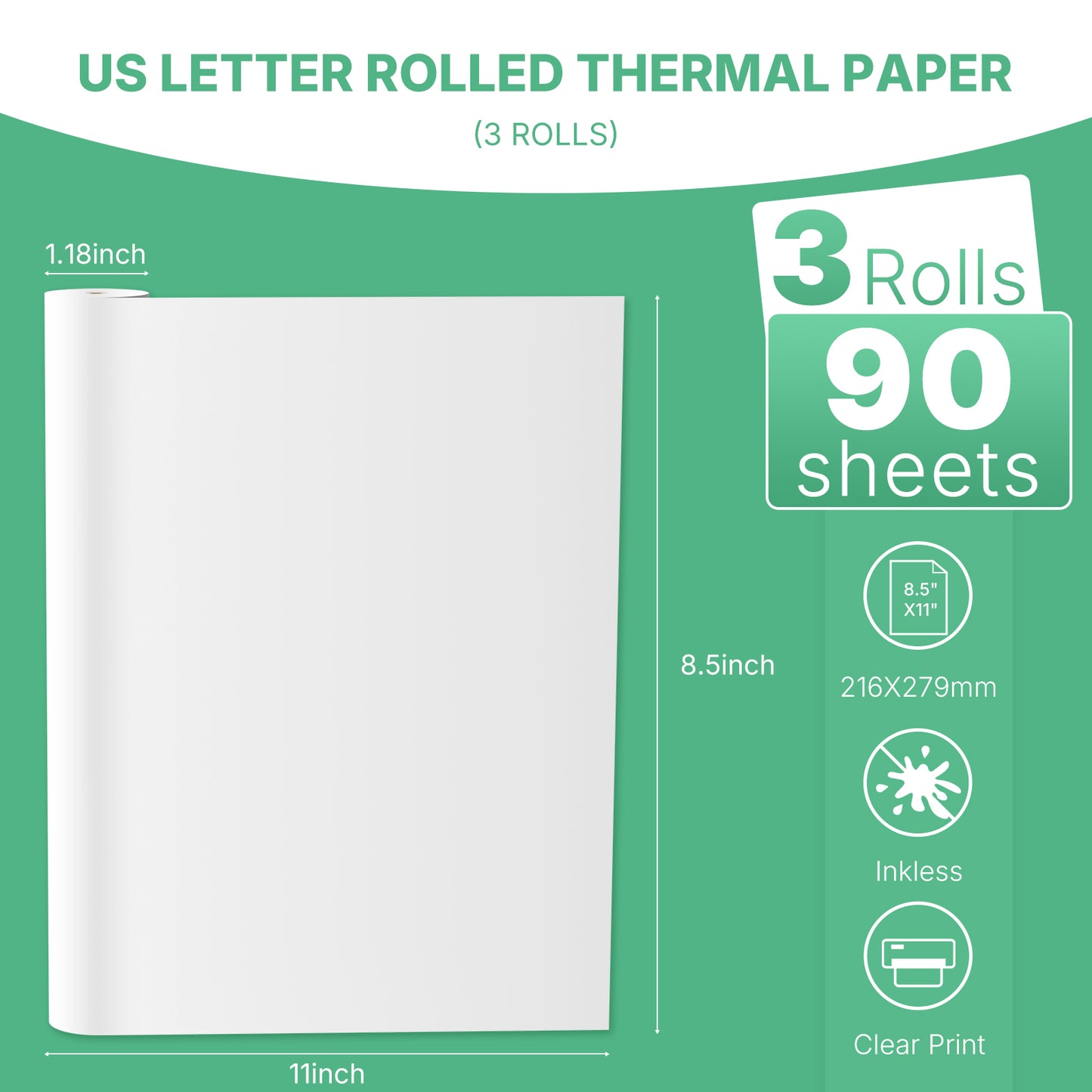 Thermal Printer Paper 8.5x11 Inches, Single US Letter Size, Suitable with Most Thermal Portable Printers, 3 Rolls