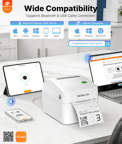 Rongta Bluetooth Thermal Shipping Label Printer, Wireless 4x6 Label Sticker Printer for Shipping Packages, Support Android, iPhone, Widely Used for Amazon,Shopify, Etsy, UPS, White