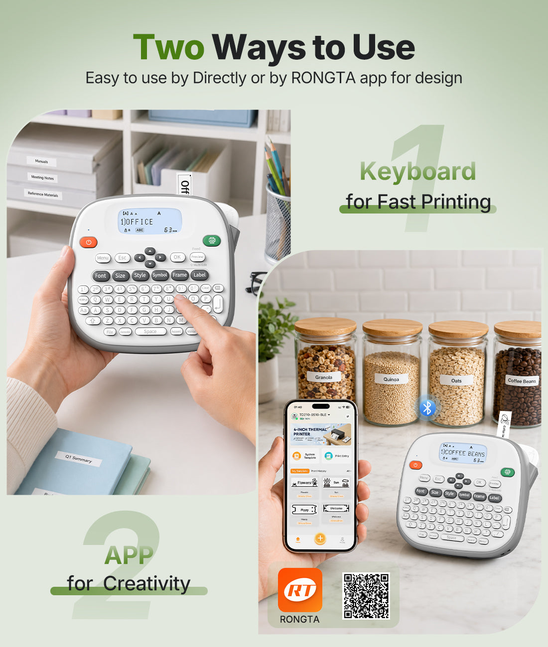 Rongta TD210 Bluetooth Handheld Label Maker Machine with 1 Tape, Portable Label Printer QWERTY Keyboard, for Home, Office, Warehouse Organization