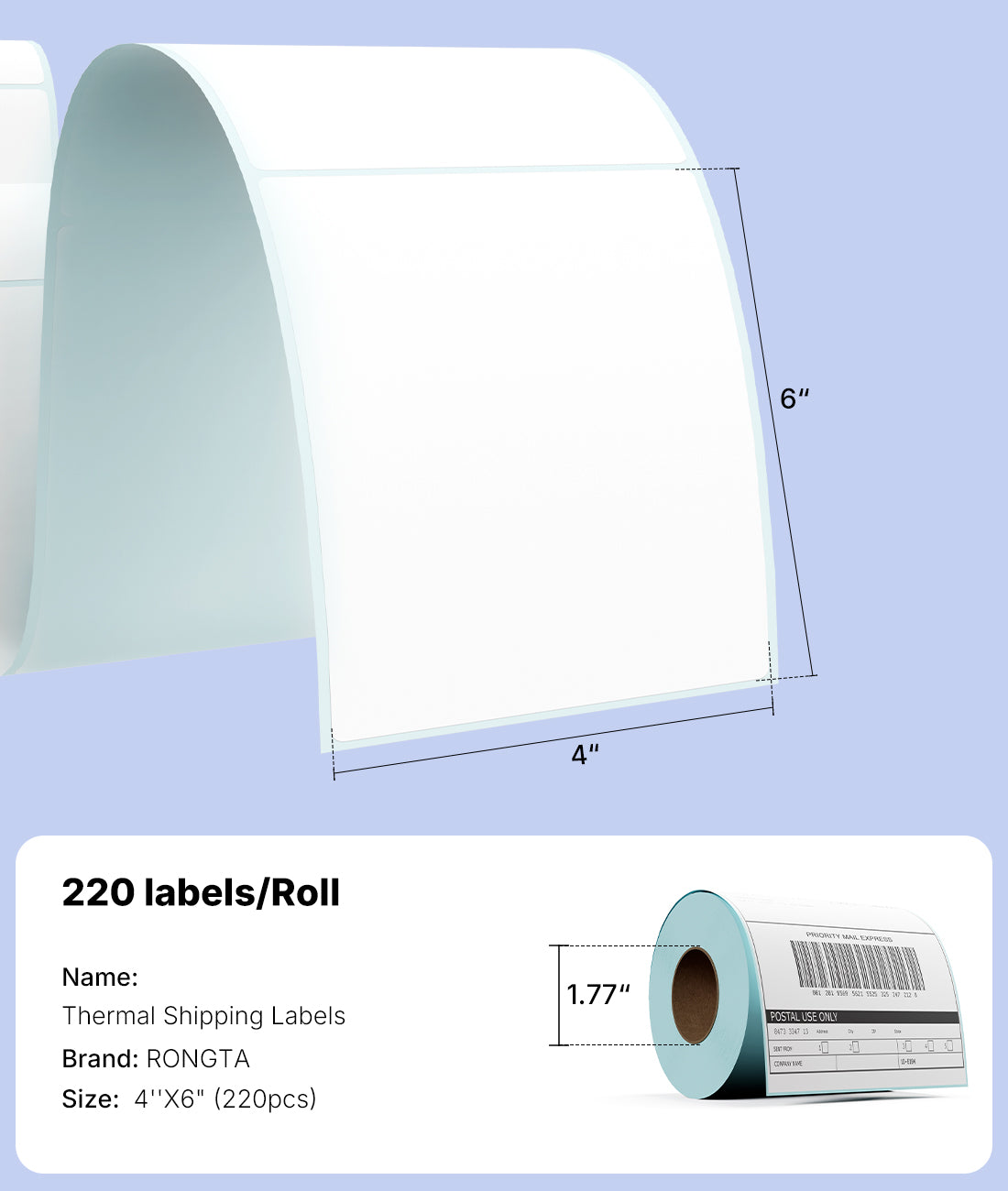 RONGTA 4x6 Thermal Labels, Fanfold Shipping Label Compatible with Thermal Printers,Clear Printing,Permanent Adhesive,220 Sheets per Stack (White, 1 Roll | 220 Labels)