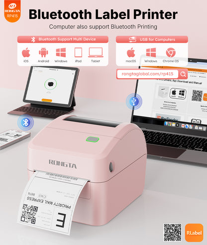 Rongta 4x6 Bluetooth Shipping Label Printer - Thermal Label Printer for Shipping Packages, Small Business, Home, Office, Compatible with Amazon, Tiktok, Etsy, USPS, Commercial Grade, Pink