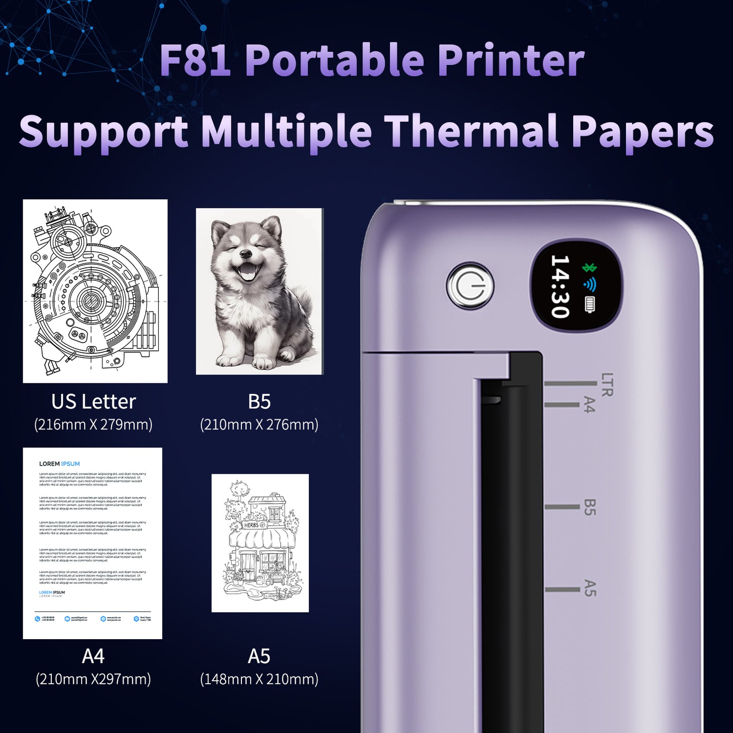 Rongta F81 Bluetooth Thermal Portable Printer Support US Letter (Purple)