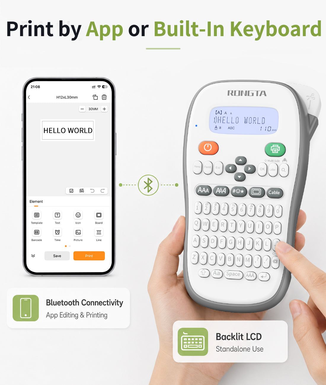 Rongta TH110 Bluetooth Handheld Label Maker Machine with 1 Tape, QWERTY Keyboard Portable Label Printer, for Home, Office, Organization