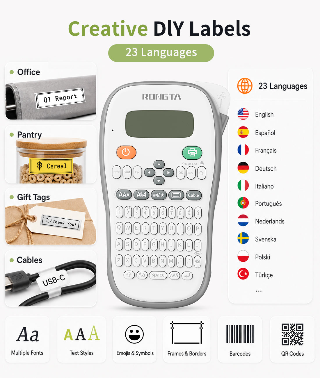 Rongta TH110 Bluetooth Handheld Label Maker Machine with 1 Tape, QWERTY Keyboard Portable Label Printer, for Home, Office, Organization