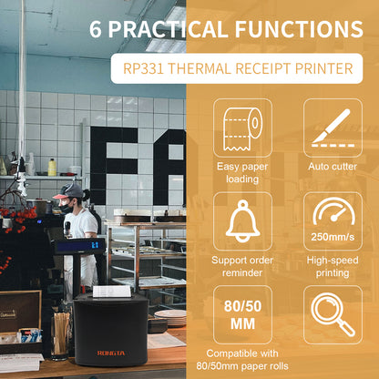 Rongta Thermal Receipt Printer, 80mm High-Speed POS Printer with Auto Cutter, 250mm/s, Ideal for Kitchen & Small Business, Compatible with Windows, Linux, MacOS(RP331)