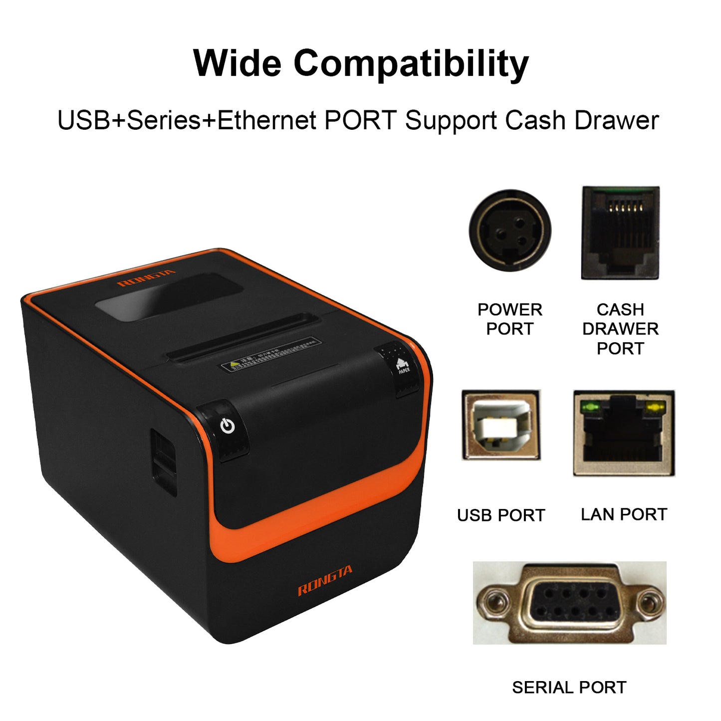Rongta POS Printer, 80mm Direct Thermal Receipt Printers with Auto Cutter, USB Serial Ethernet Interface, Support Windows/Mac/Linux Cash Drawer, Restaurant Kitchen Printer for ESC/POS (RP332)