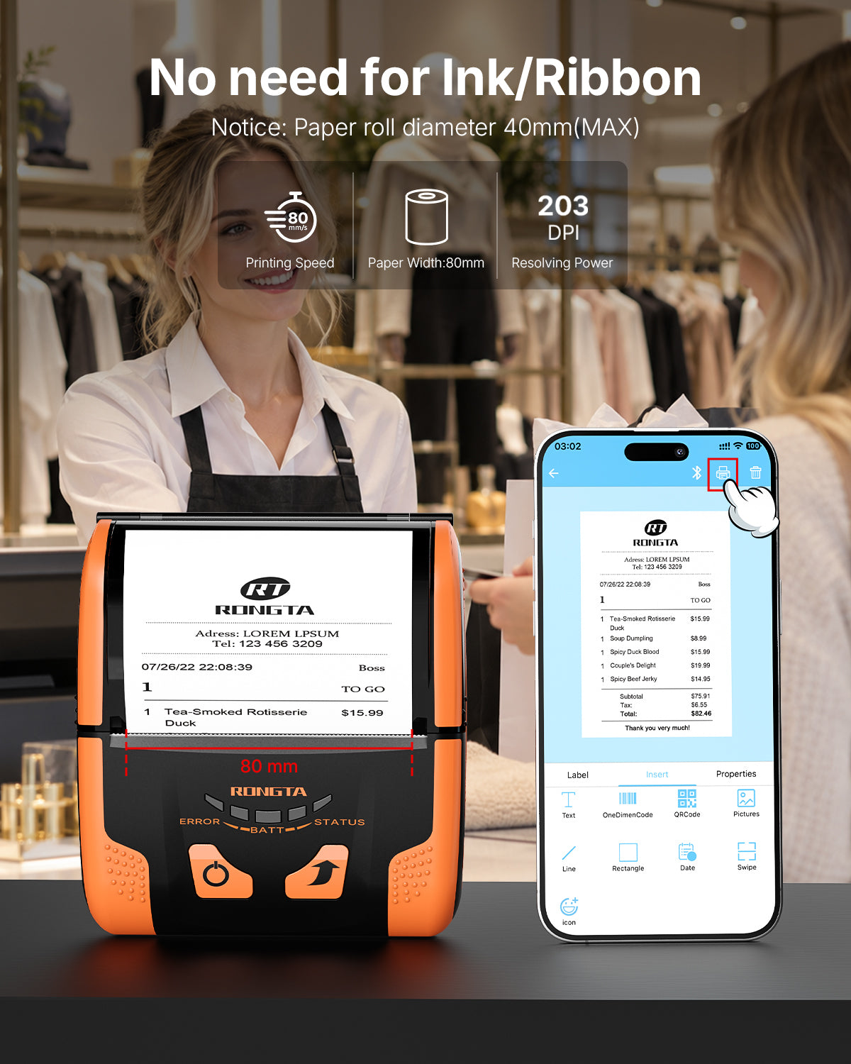 RPP300 Portable 80mm POS Receipt Printer