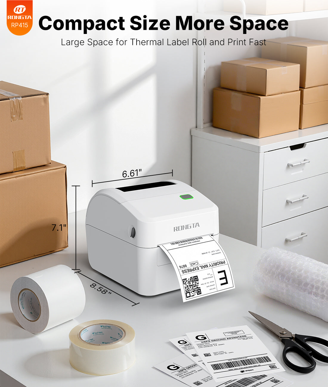 Rongta Bluetooth Thermal Shipping Label Printer, Wireless 4x6 Label Sticker Printer for Shipping Packages, Support Android, iPhone, Widely Used for Amazon,Shopify, Etsy, UPS, White