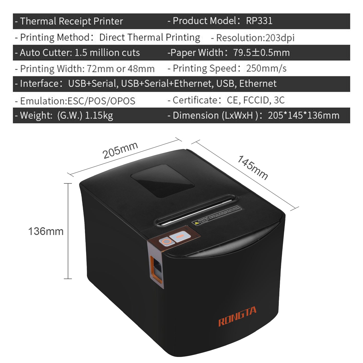 Rongta Thermal Receipt Printer, 80mm High-Speed POS Printer with Auto Cutter, 250mm/s, Ideal for Kitchen & Small Business, Compatible with Windows, Linux, MacOS(RP331)