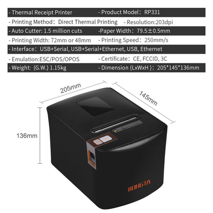 Rongta Thermal Receipt Printer, 80mm High-Speed POS Printer with Auto Cutter, 250mm/s, Ideal for Kitchen & Small Business, Compatible with Windows, Linux, MacOS(RP331)
