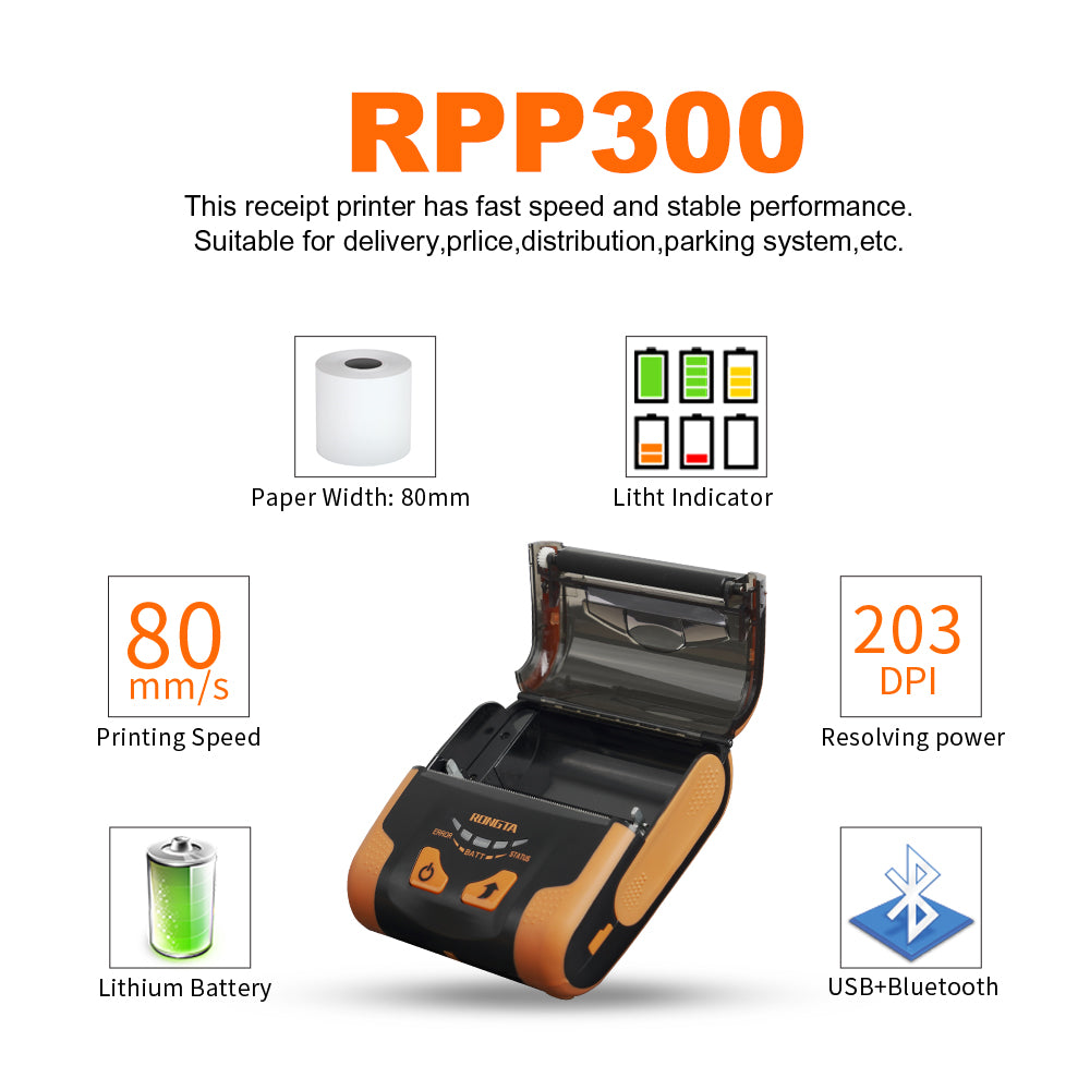 Rongta Portable 80mm POS Printer, Mobile Thermal Receipts Printer, USB&Bluetooth Connection, Compatible with Android Phone, Do Not Square/Ipad/Computer/Android Tablet(RPP300)