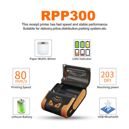 Rongta Portable 80mm POS Printer, Mobile Thermal Receipts Printer, USB&Bluetooth Connection, Compatible with Android Phone, Do Not Square/Ipad/Computer/Android Tablet(RPP300)