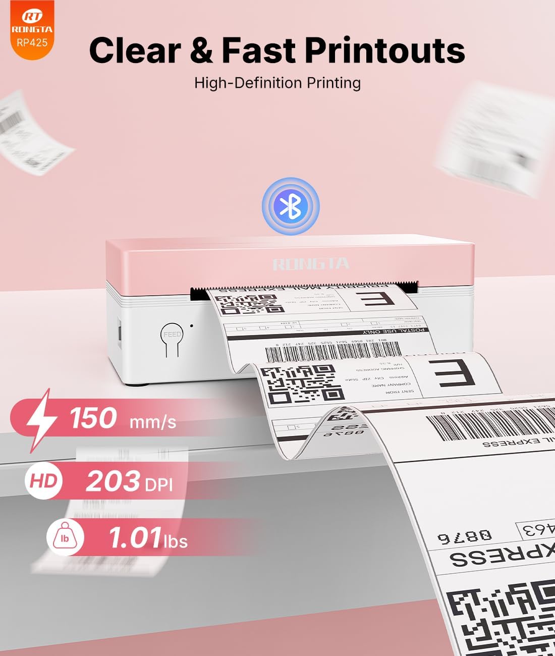 Rongta RP425 Thermal Shipping Label Printer (Pink)
