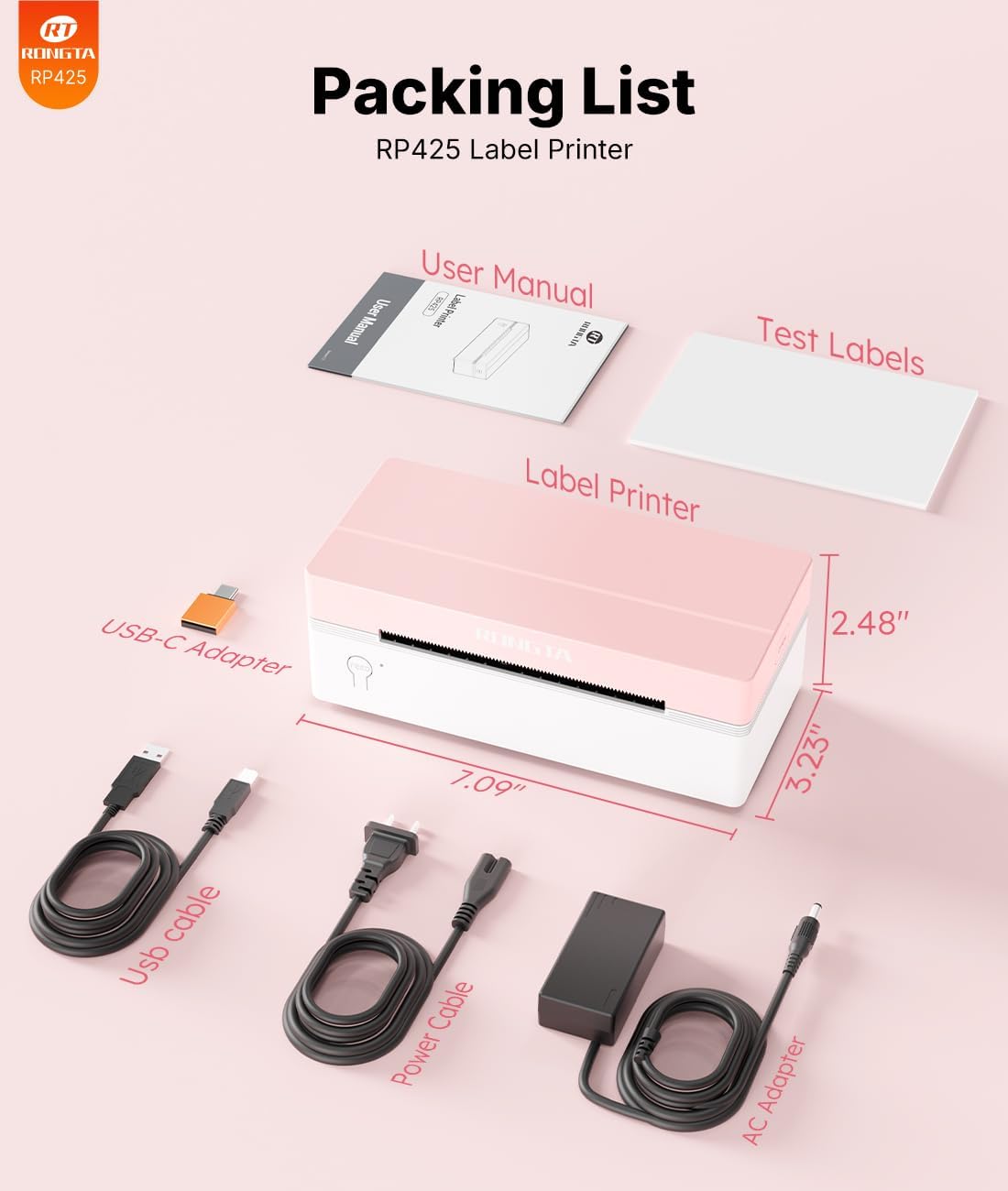 Rongta RP425 Thermal Shipping Label Printer (Pink)