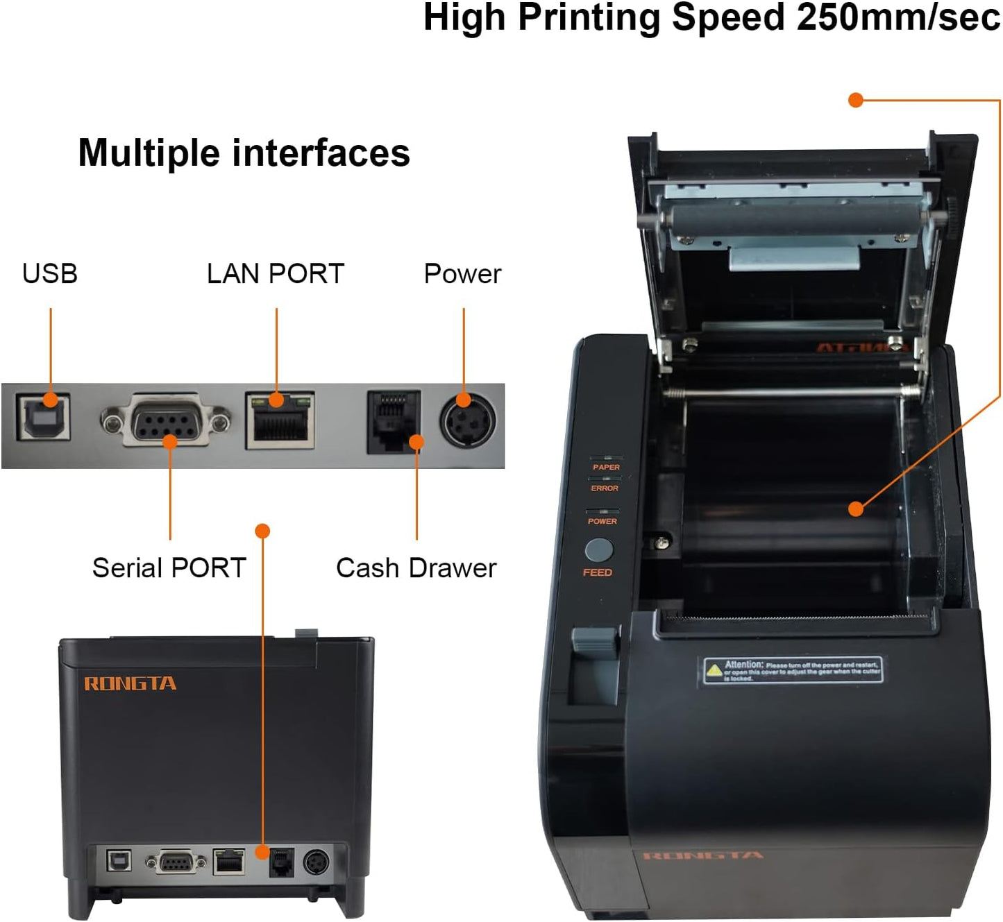 Rongta Thermal Receipt Printer, 80mm Receipt Printers, Thermal Pos Printer with Auto Cutter Support Cash Drawer,USB Serial Ethernet Support ESC/POS, Compatible with Windows/Mac/Linux(RP820)