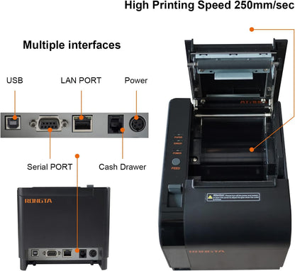 Rongta Thermal Receipt Printer, 80mm Receipt Printers, Thermal Pos Printer with Auto Cutter Support Cash Drawer,USB Serial Ethernet Support ESC/POS, Compatible with Windows/Mac/Linux(RP820)