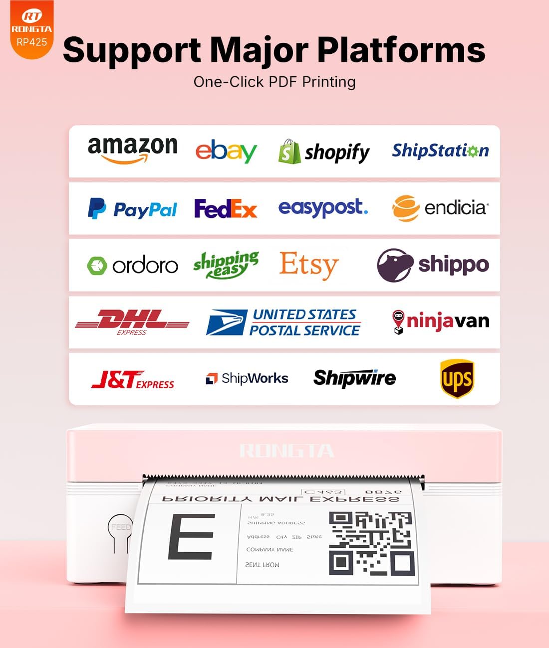 Rongta RP425 Thermal Shipping Label Printer (Pink)