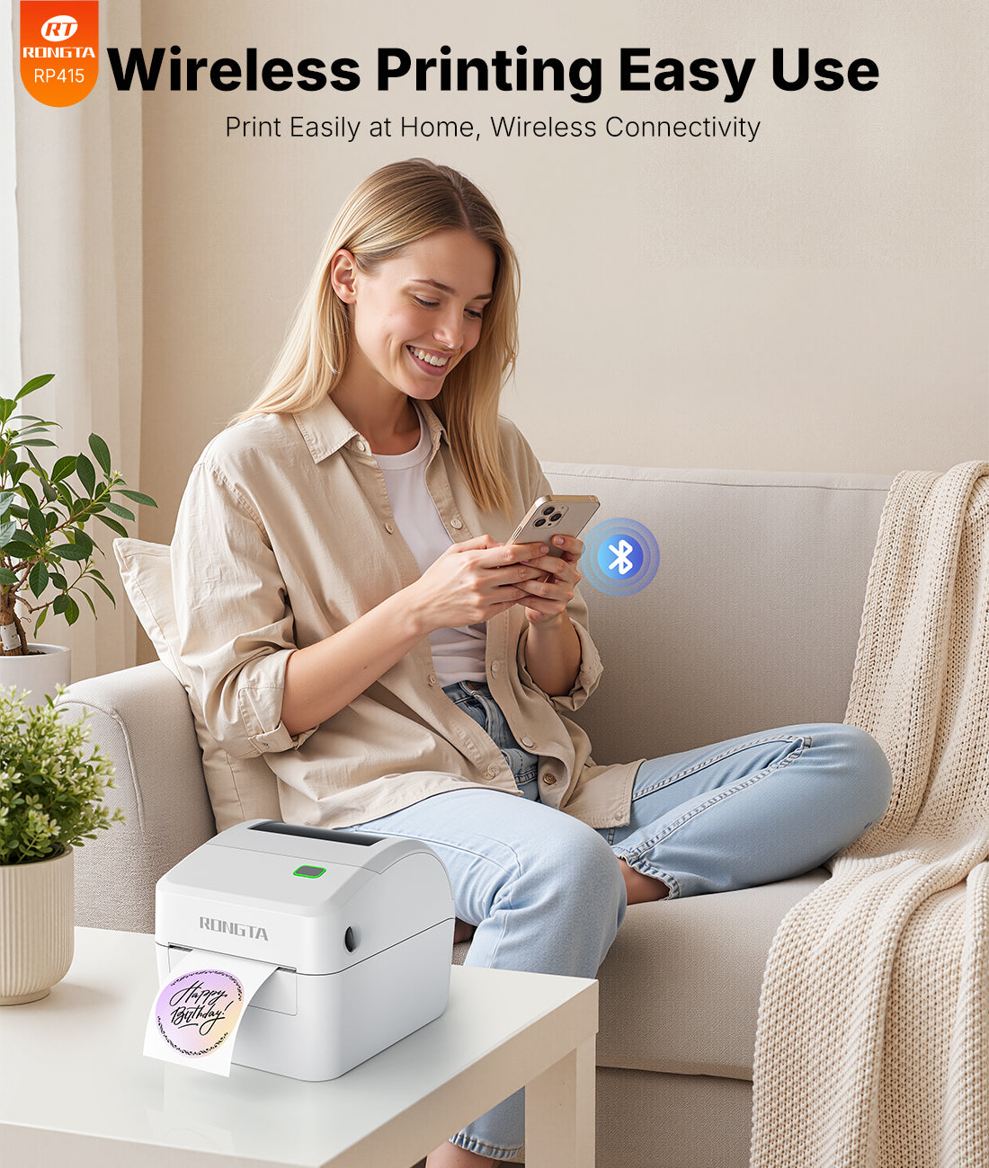 Rongta Bluetooth Thermal Shipping Label Printer, Wireless 4x6 Label Sticker Printer for Shipping Packages, Support Android, iPhone, Widely Used for Amazon,Shopify, Etsy, UPS, White