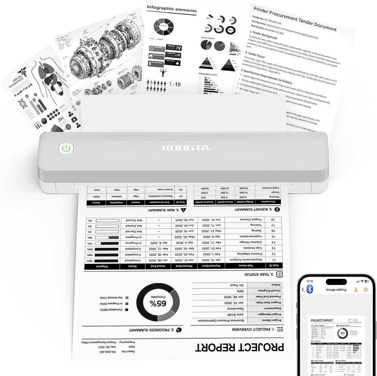 Rongta F11A Thermal Portable Printer, Support US Letter, White