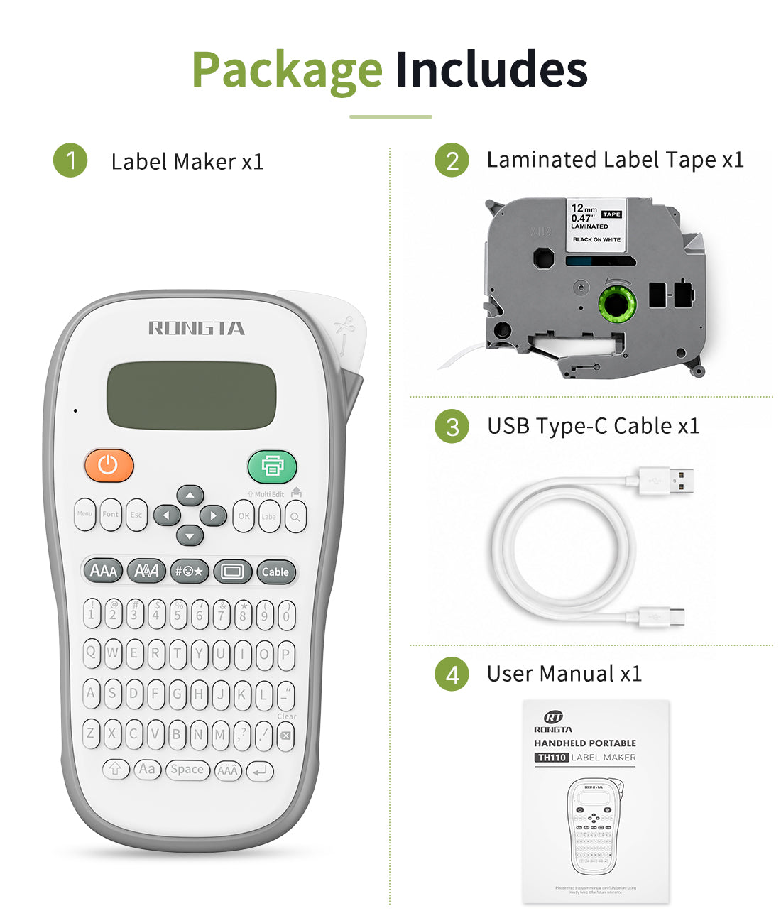 Rongta TH110 Bluetooth Handheld Label Maker Machine with 1 Tape, QWERTY Keyboard Portable Label Printer, for Home, Office, Organization