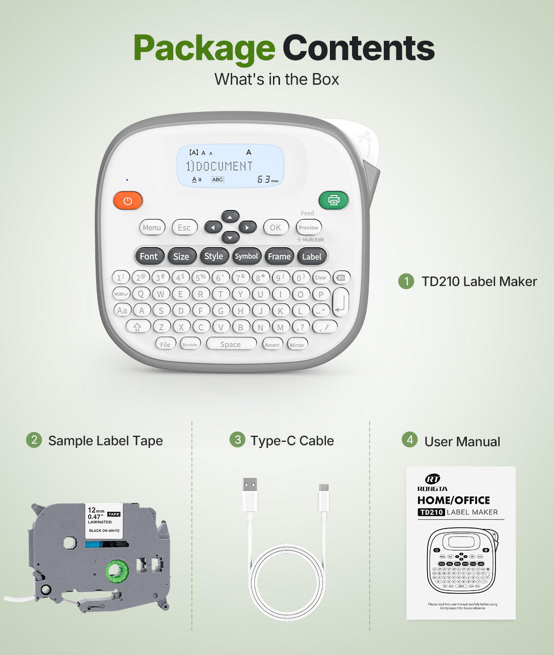 Rongta TD210 Bluetooth Handheld Label Maker Machine with 1 Tape, Portable Label Printer QWERTY Keyboard, for Home, Office, Warehouse Organization