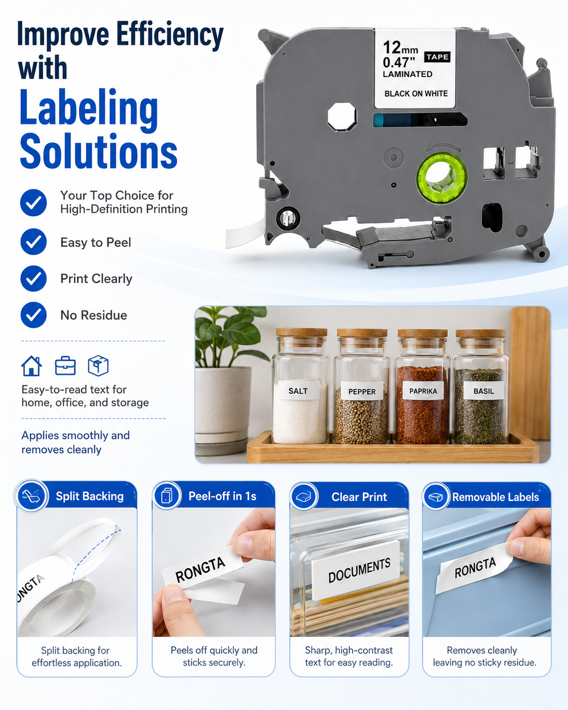 Label Maker Tape 12mm 0.47 Laminated White, Replacement for Rongta TD210 TH110, Laminated White Labels Compatible with P Touch PT-D210 D220 H110 D200 D400, 12mm x 8m, 6-Pack