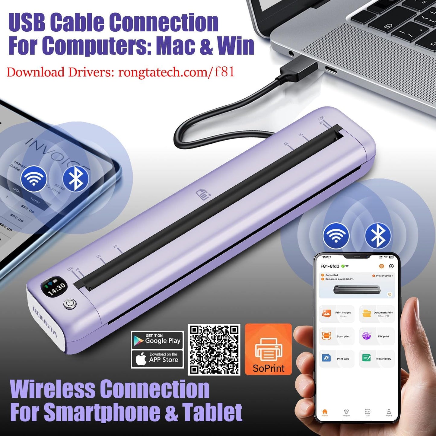 Rongta F81 Bluetooth Thermal Portable Printer Support US Letter (Purple)