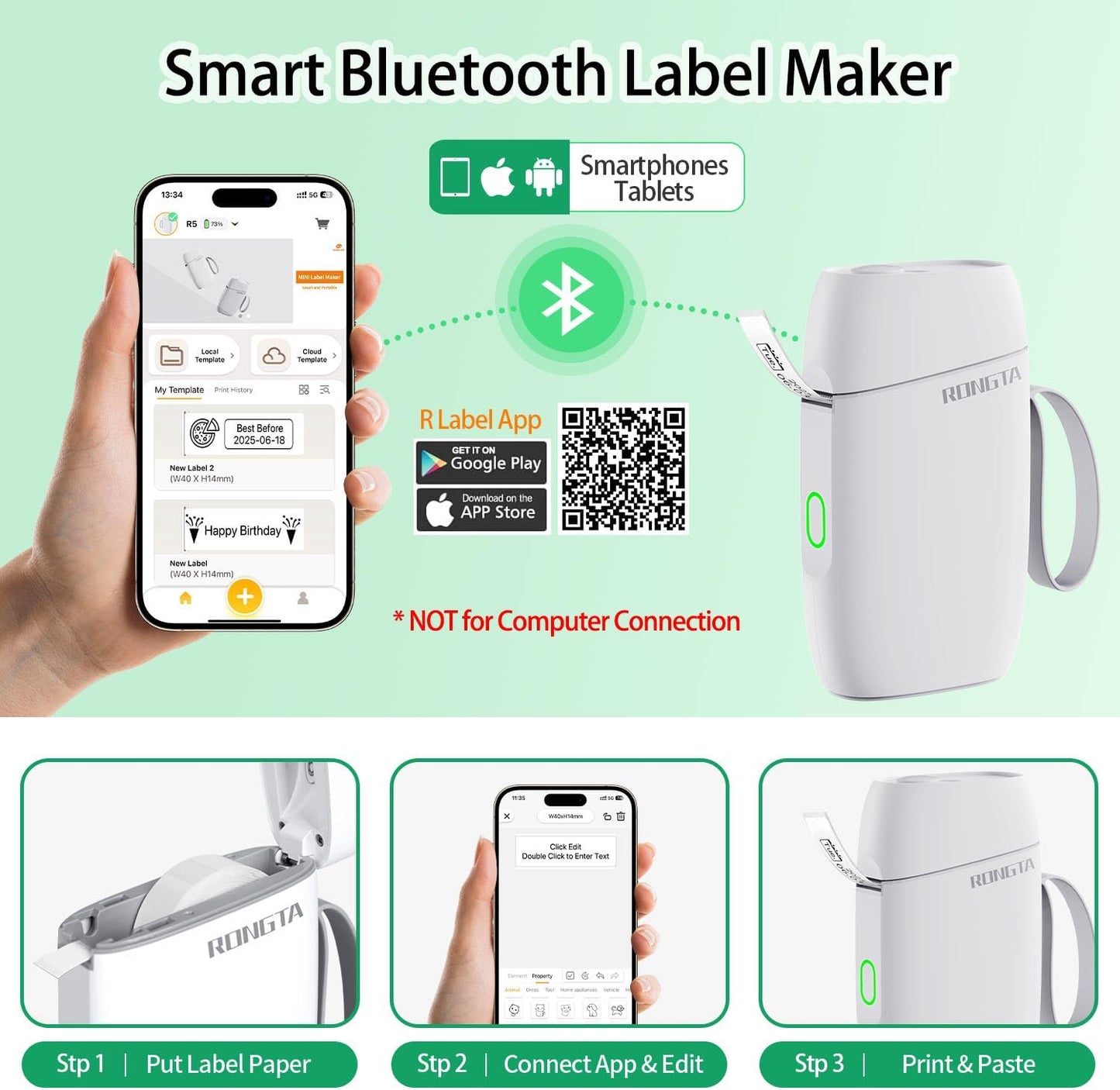 Rongta R5 Mini Label Maker Machine with Tape, Bluetooth & Wireless Label Connection （White））