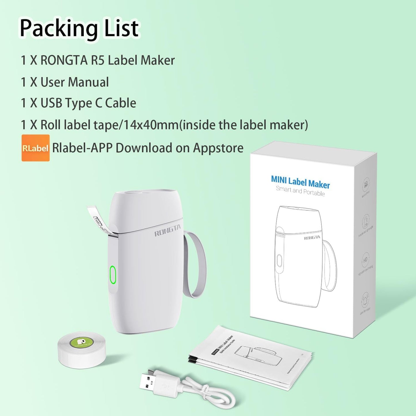 Rongta R5 Mini Label Maker Machine with Tape, Bluetooth & Wireless Label Connection （White））