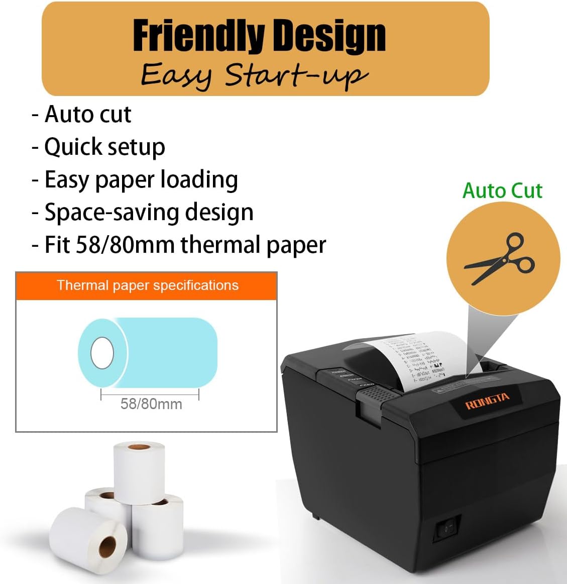 Rongta RP327 POS Receipt Printer, 80mm Thermal Printer